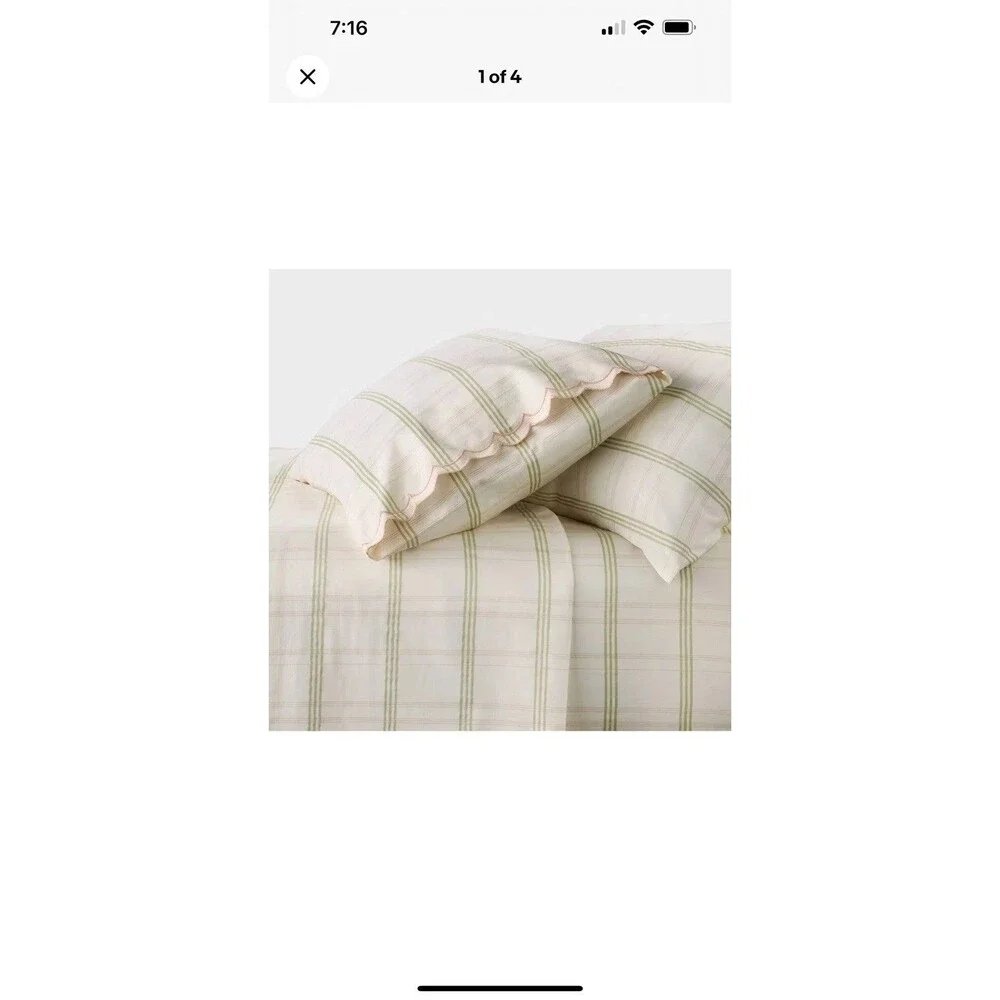 Queen 300 Thread Count Scalloped Edge Plaid Sheet Set Cream/Green -Threshold NEW